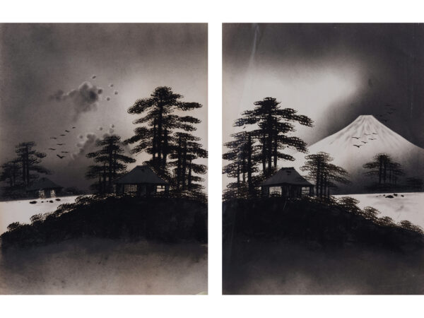 Pair of views: Fuji & houses by the lake