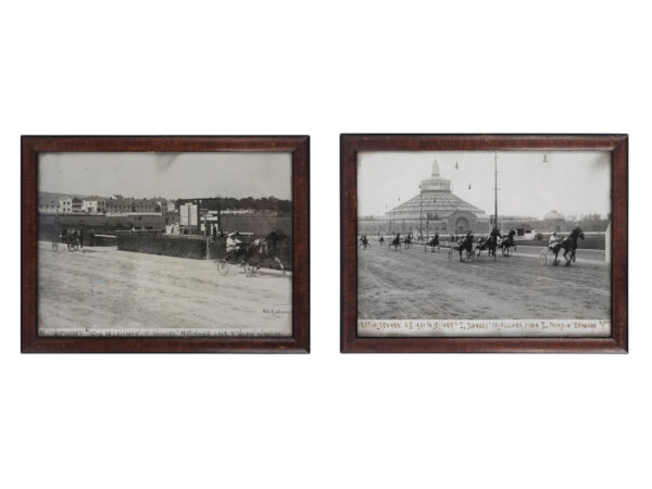 Zwei Fotos von Trabrennen in der Freudenau